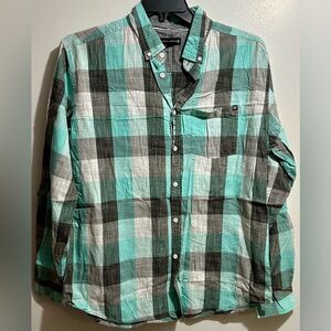 Men’s Ocean Current Button Down. Green Gray Black Plaid (692)